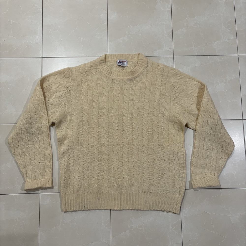 Vintage Clansman Sweater Scottish Shetland Wool Cable Knit Cream Beige Womens XL